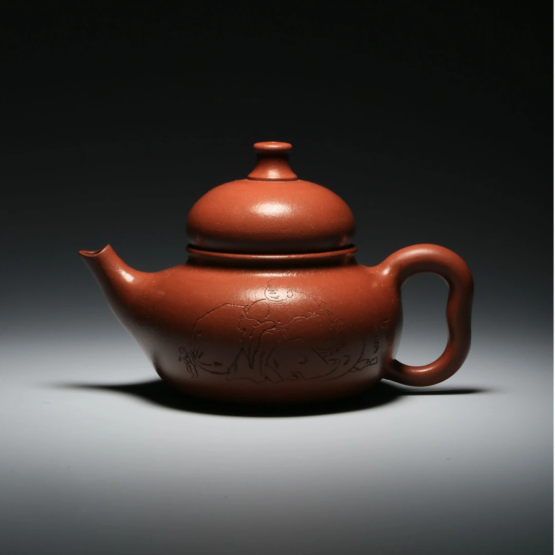 手工红泥福禄壶 高10cm 长15.8cm 320cc  Lot533