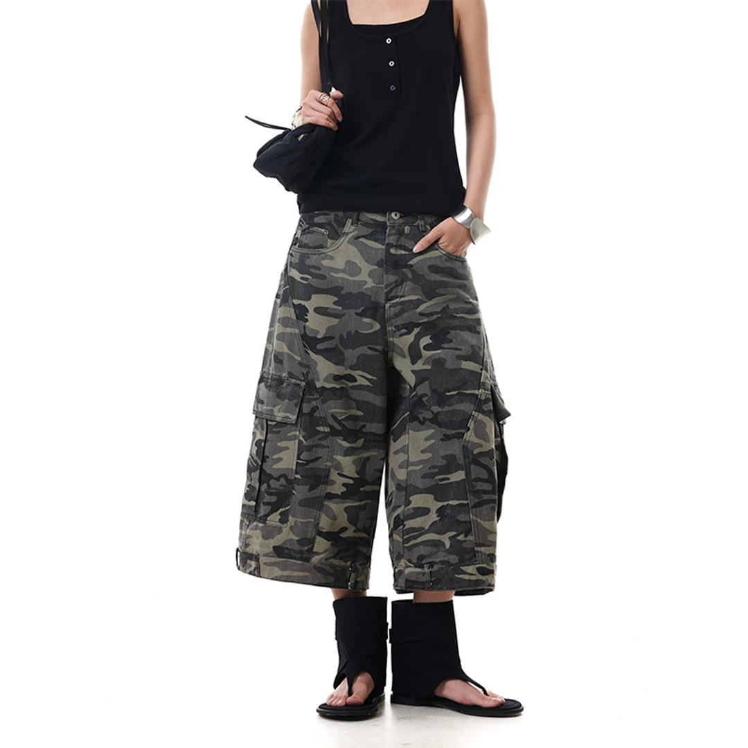 美式复古多口袋迷彩工装七分裤子男女同款街头宽松百搭休闲短裤