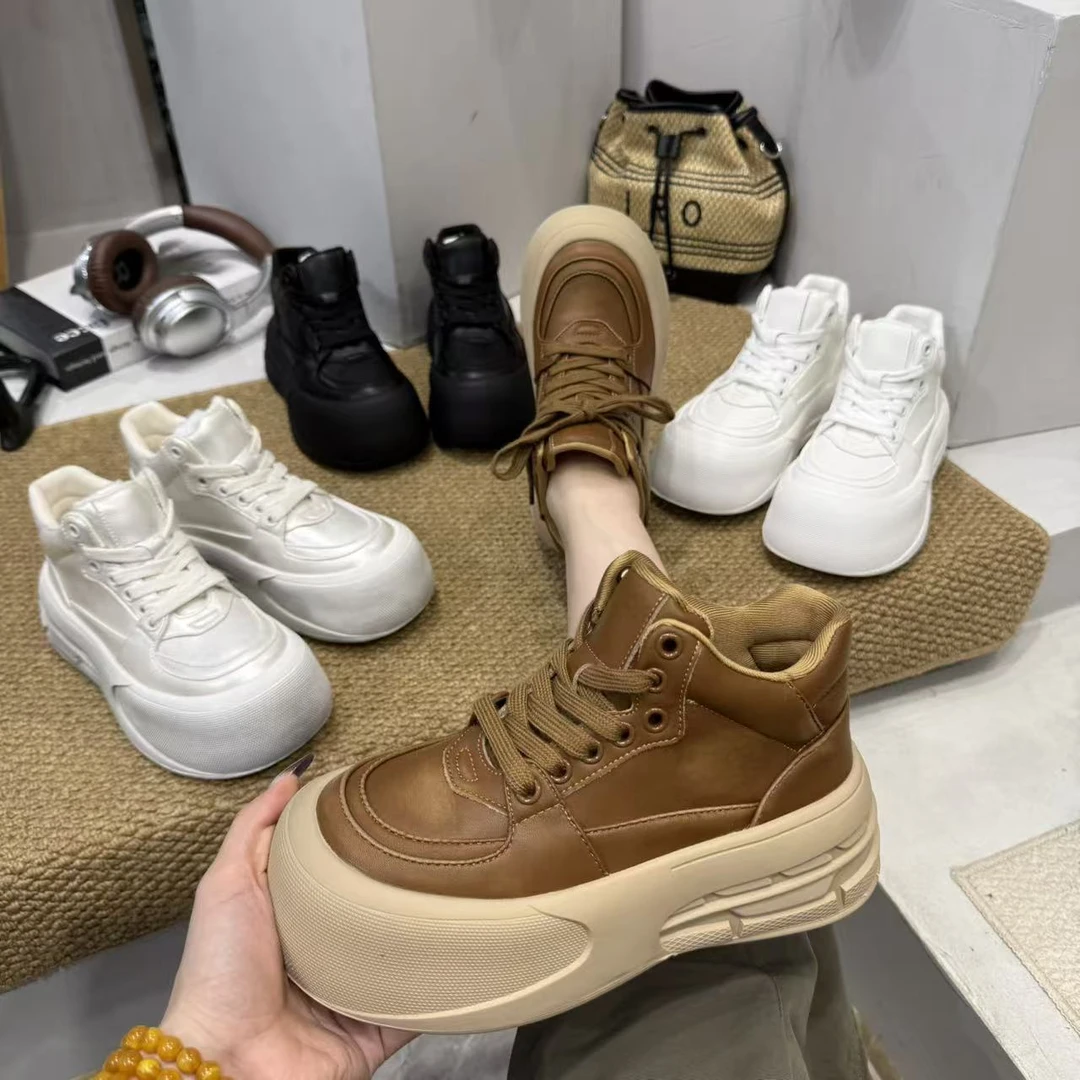 广州欧货【双眼皮】秋季真皮5cm系带复古学院气质百搭松糕鞋小众