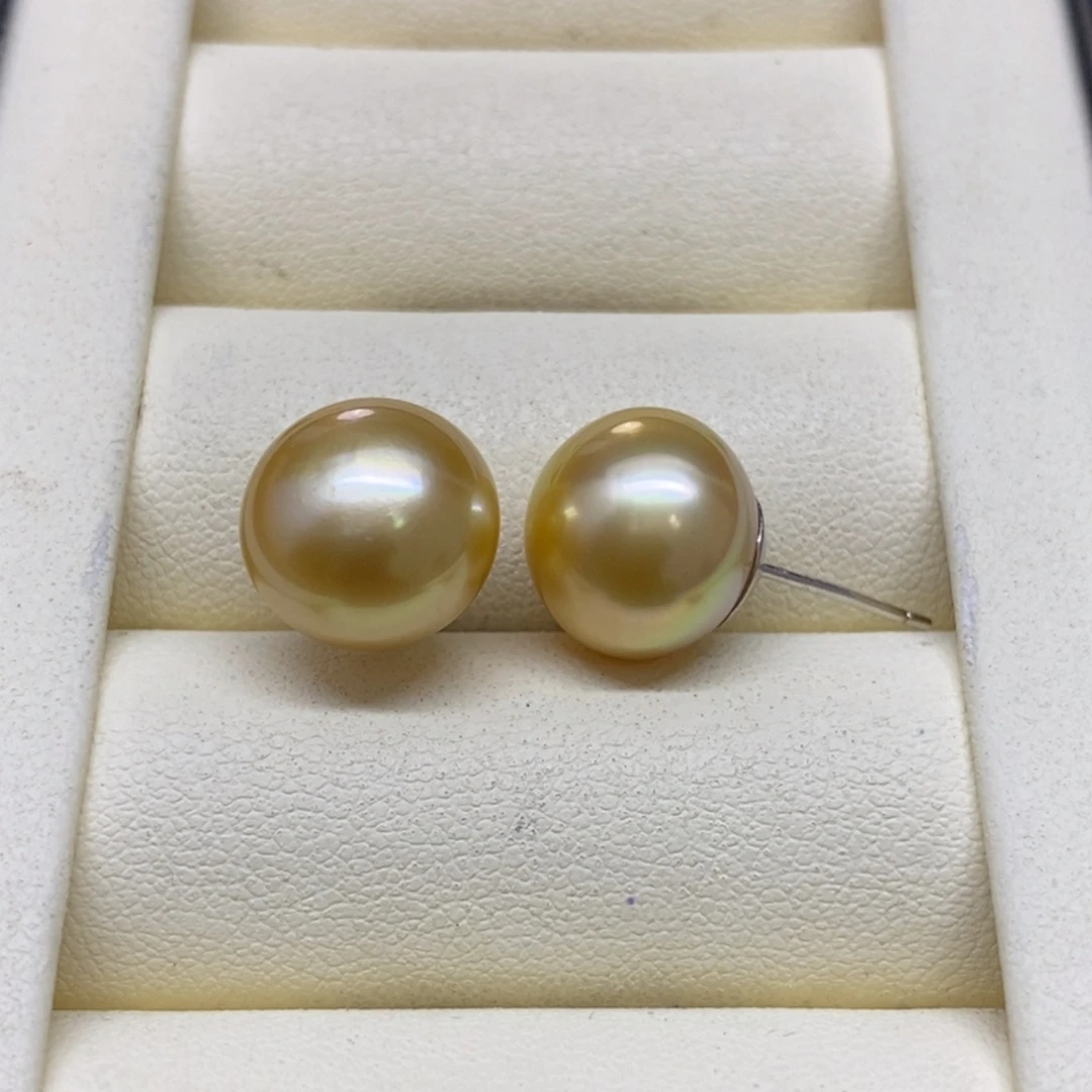 银S925镶嵌耳饰海水珍珠金珠耳饰12-13m m