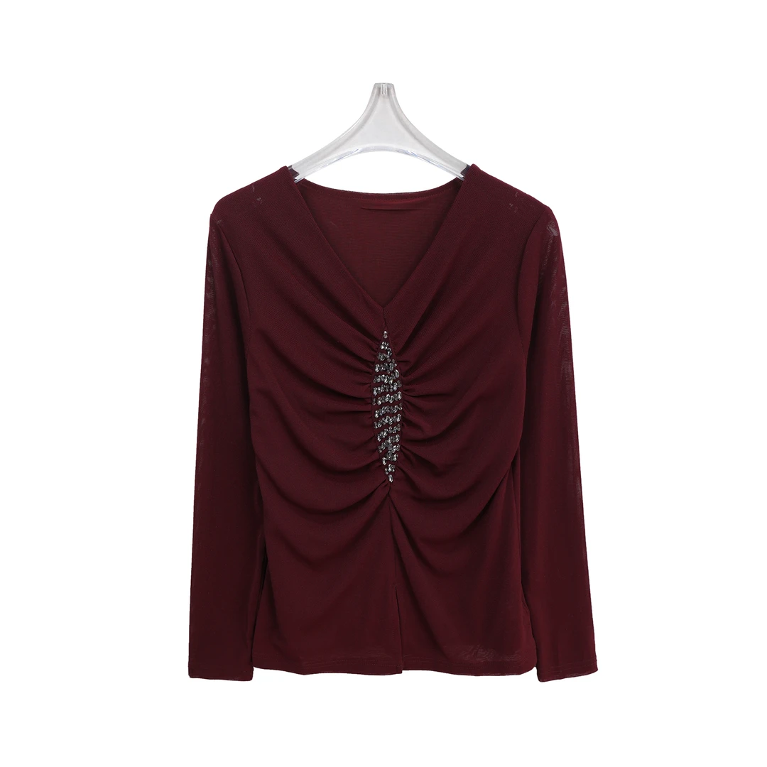 时尚V领长袖T恤女重工钉珠修身显瘦网纱上衣C11038