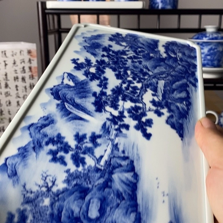景德镇手绘青花山水干泡台