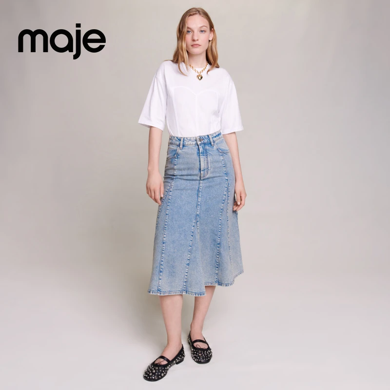 Maje法式女装时尚设计感蓝色高腰A字牛仔休闲半身裙MFPJU01119