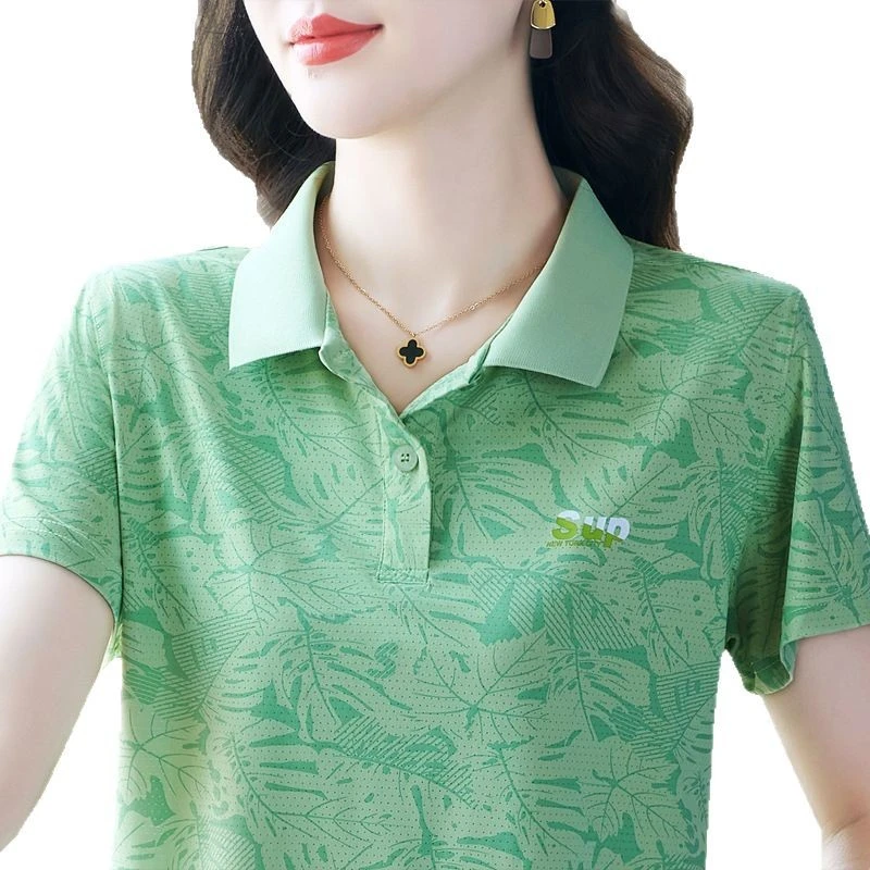 808绿色夏季简约POLO衫洋气纯色翻领妈妈装宽松大码短袖T恤上衣
