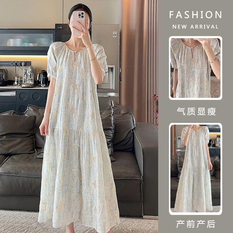 高级孕妇连衣裙2025春夏v领高级感淡黄色工艺宽松度假风慵懒长裙