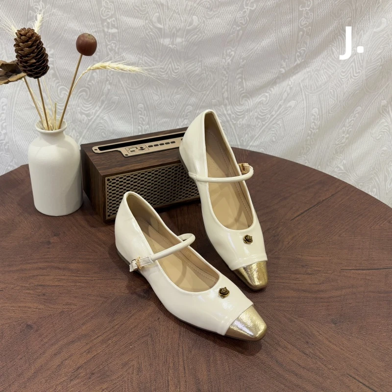 一字带山茶花玛丽珍女鞋通勤内增高女式真皮浅口职场后妈鞋单鞋