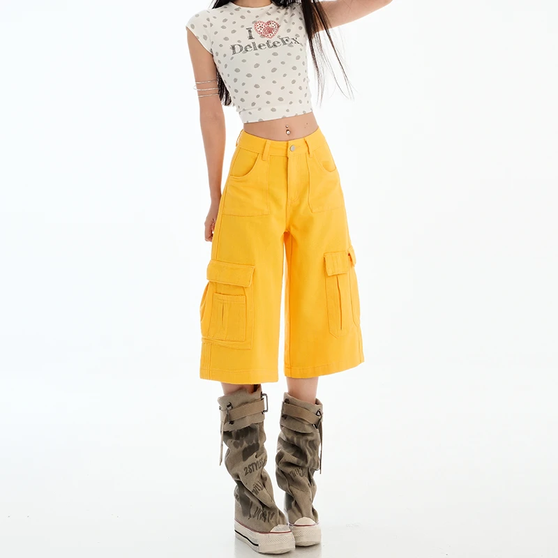 欧若风黄色工装裤女七分裤春夏2025新款短裤小个子休闲直筒阔腿裤
