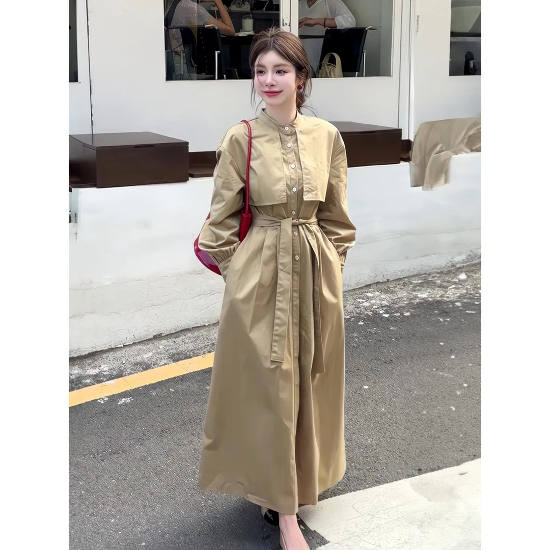 韩国时髦秋季覆古高端翻领单排扣带腰色长风衣式女子夹克