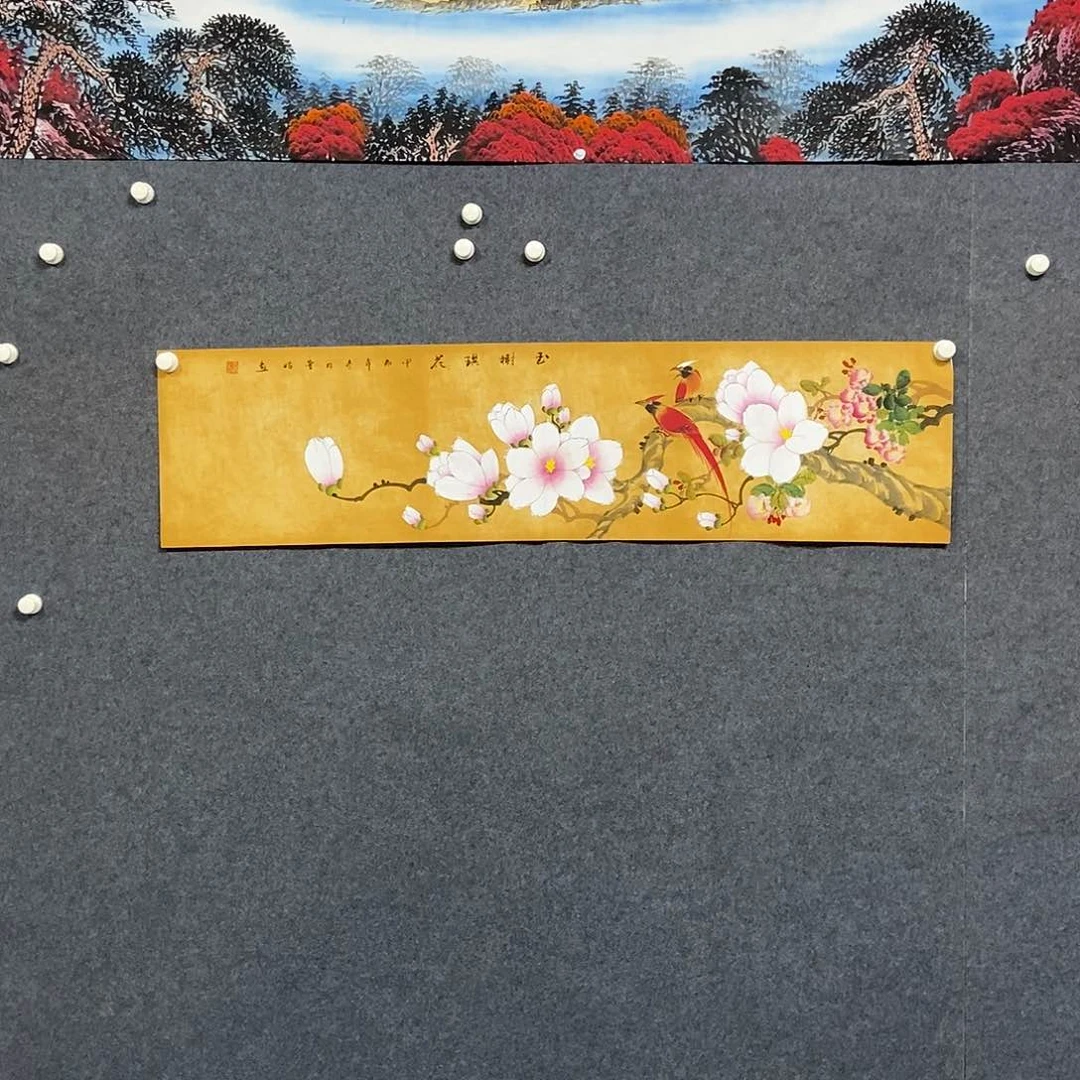 国画四尺对开花鸟画一副