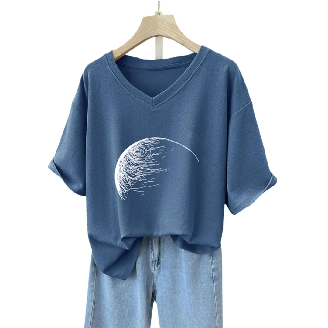 纯棉T恤女短袖夏季2025新款大码胖mm设计感小众体恤减龄V领上衣服