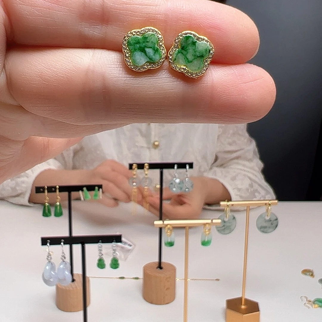 翡翠银S925镶嵌耳饰天然翡翠