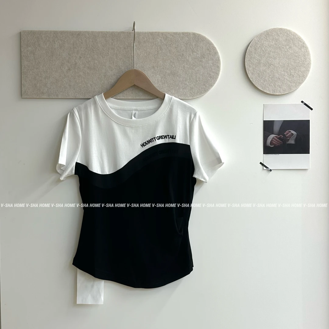 薇莎2519【现货】高货假两件拼接撞色圆领短袖棉T恤