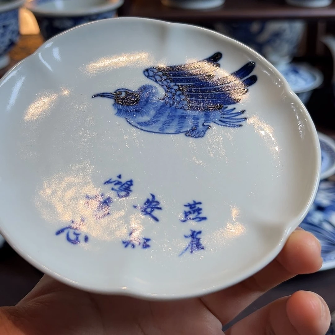 青花鸿鹄杯垫全手绘原矿釉烧制
