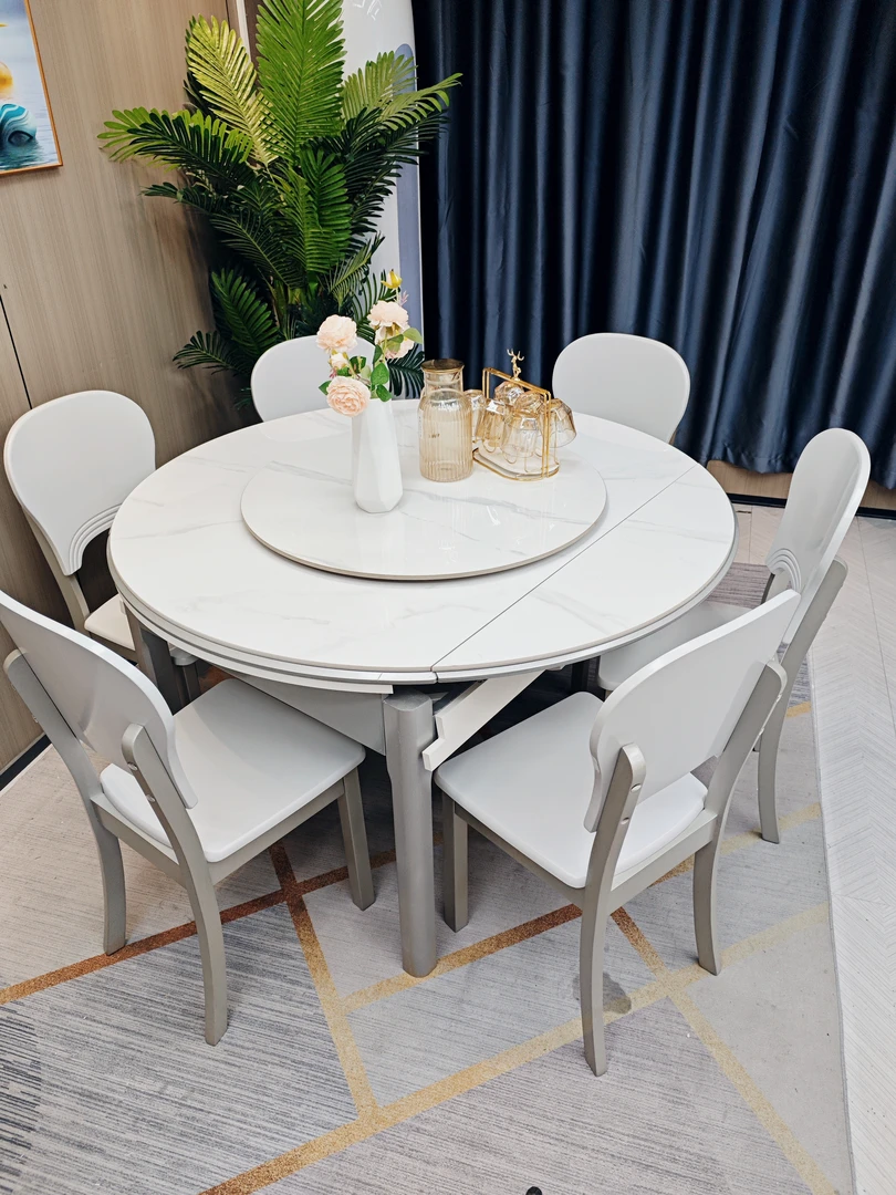 【高端实木椅搭配】家用岩板餐桌高级感方圆两用折叠小户型吃饭桌