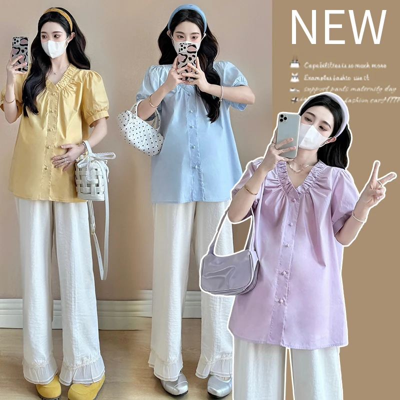 2025夏季新款孕妇装时尚洋气V领短袖衬衫宽松显瘦遮肉纯色上衣