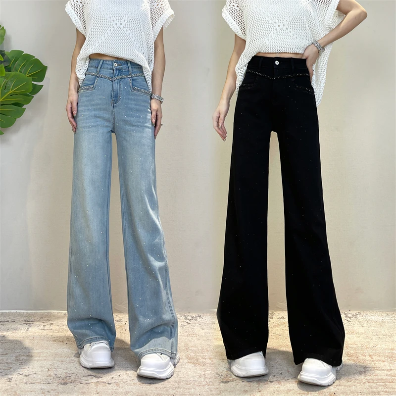 迪否烫钻牛仔裤天丝莱赛尔夏薄款新款高级感高腰显瘦直筒裤子6065