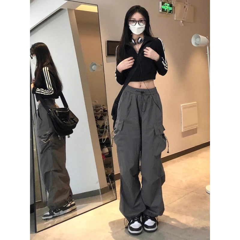 2025春季新品灰色工装裤子女潮流百搭宽松阔腿运动束脚休闲运动裤
