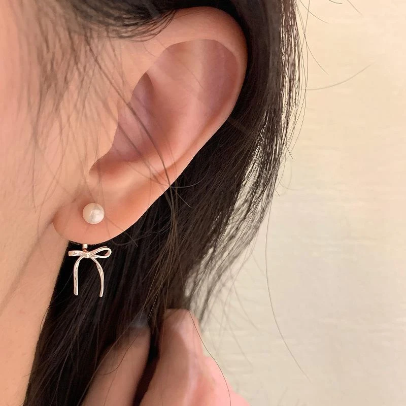 铜合金锆石耳饰 简约丝带蝴蝶结耳钉前后挂高级感小众耳饰通勤百