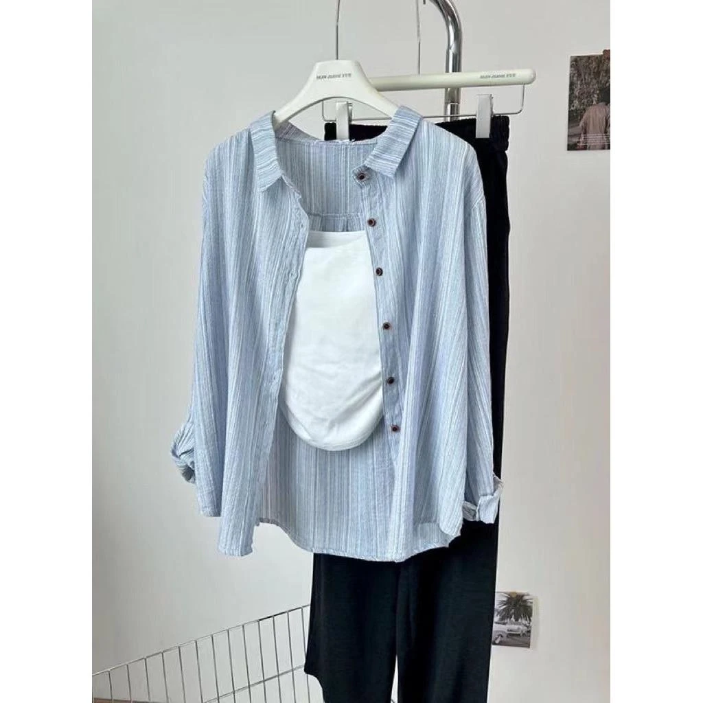 春秋新款宽松蓝色条纹外套显瘦时尚衬衣女法式小众早春中长款上衣