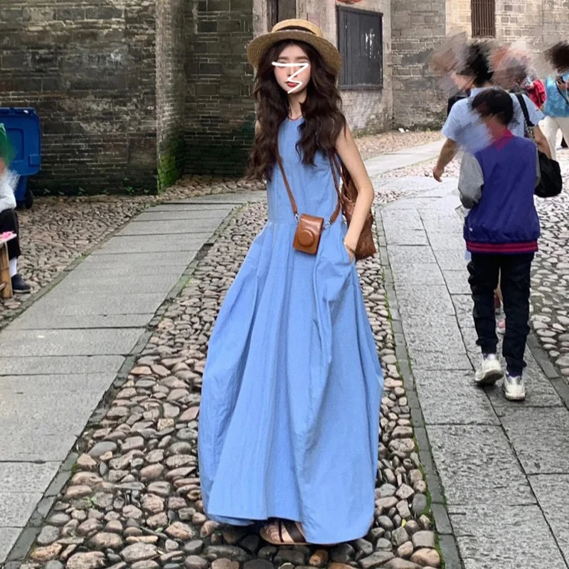 【现货+运补】2025新款蓝色设计感高腰口袋大摆长裙子2622