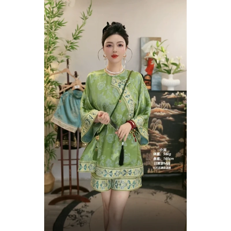 储秋2025夏季新款大码显瘦时尚春绿色上衣和短裤(6730+6740)