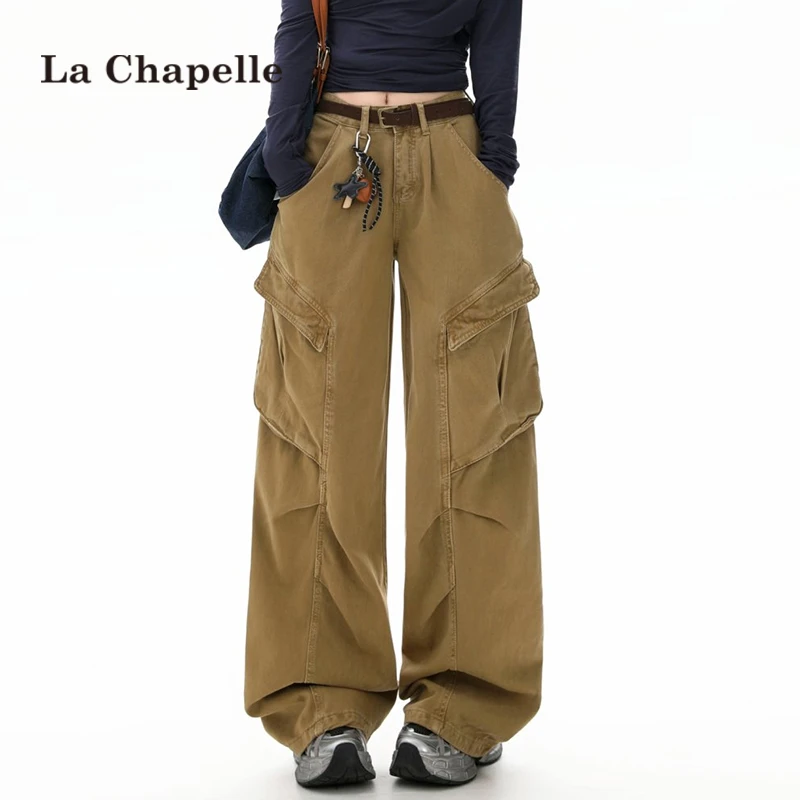 拉夏贝尔卡其色美式工装裤女秋季2025新款辣妹宽松高腰牛仔阔腿裤