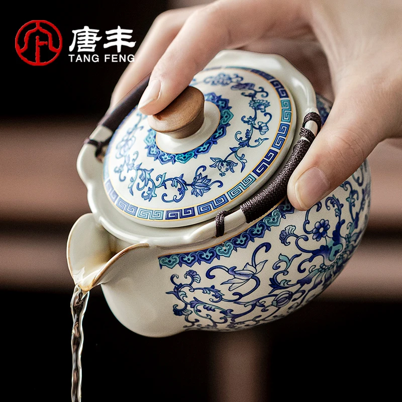 唐丰汝窑缠枝莲手抓壶盖碗茶杯单个高档复古青花泡茶带盖陶瓷茶壶