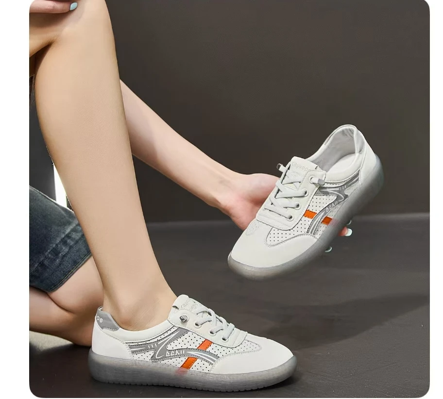 真皮百搭牛筋软底单鞋小白鞋2025新款时尚透气夏季镂空平底休闲鞋