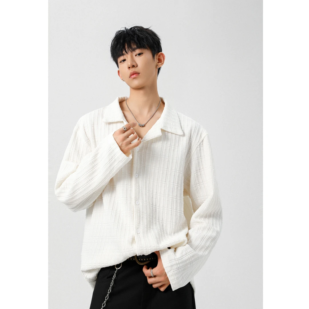 老钱风古巴领衬衫男款秋季潮牌高级感肌理感休闲纯色宽松长袖外套