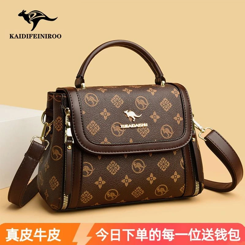 袋鼠真皮单肩包时尚简约女包2025新款简约斜挎包妈妈包女士手提包