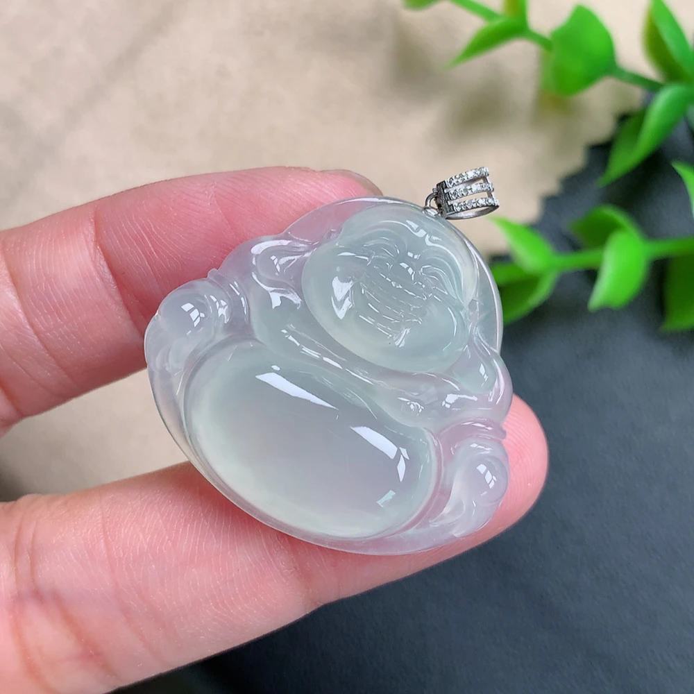 翡翠A货 18k金扣头冰种冰胶感带底色佛公吊坠 尺寸28.4×31.6×6.0