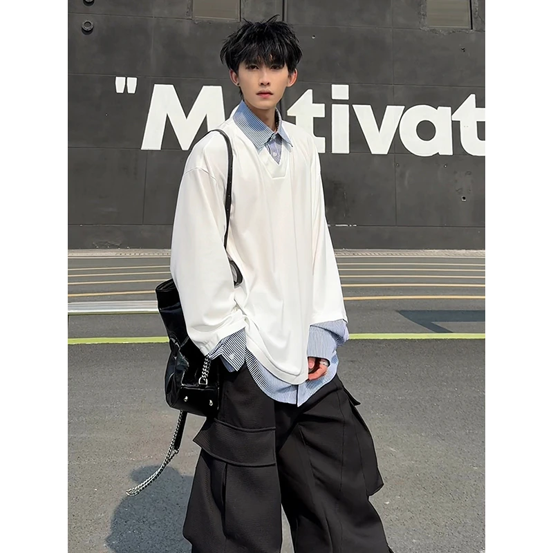 假两件衬衫领卫衣男chic韩版潮男痞帅春秋polo翻领外套潮牌高级感