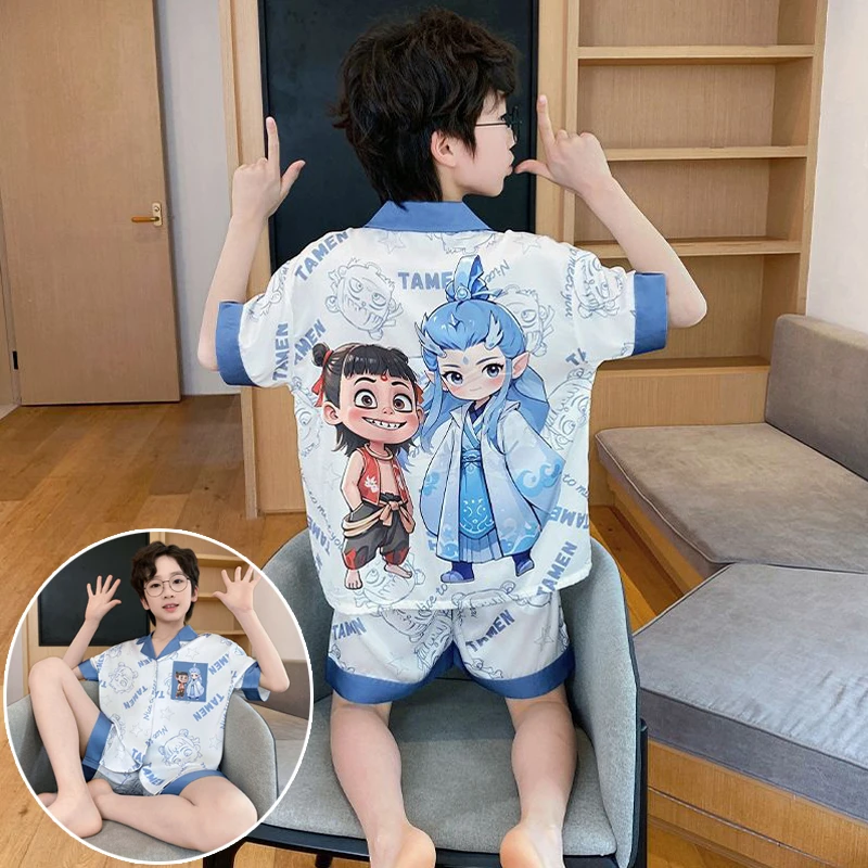 儿童睡衣夏季薄款冰丝短袖2025新款男孩夏款哪吒敖丙青少年家居服