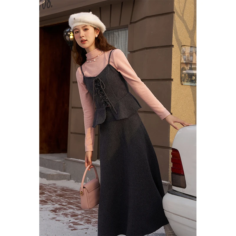 【年末大促】谜秀 春秋气质百搭显瘦系带吊带背心+高腰中长款半身裙