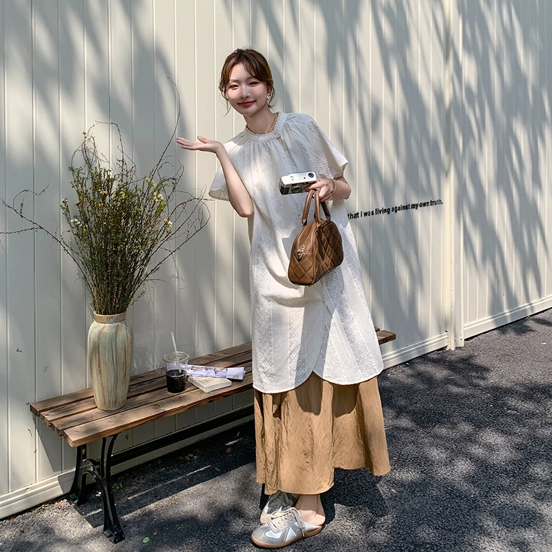 日系文艺绣花宽松开叉衬衫套装女夏新款超好看洋气阔半身裙两件套