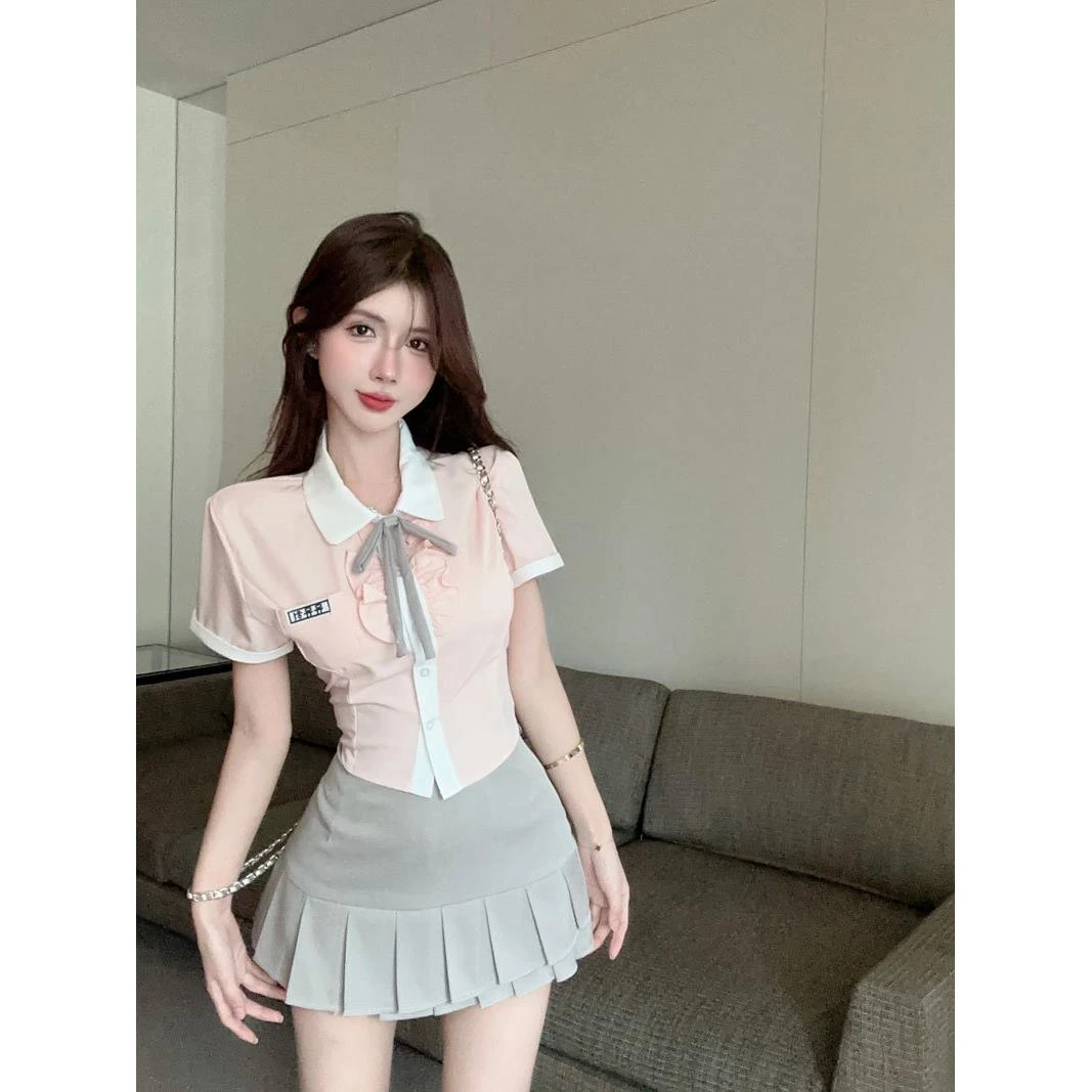 学院风jk制服套装夏装小个子甜美粉色衬衫百褶短裙气质收腰两件套