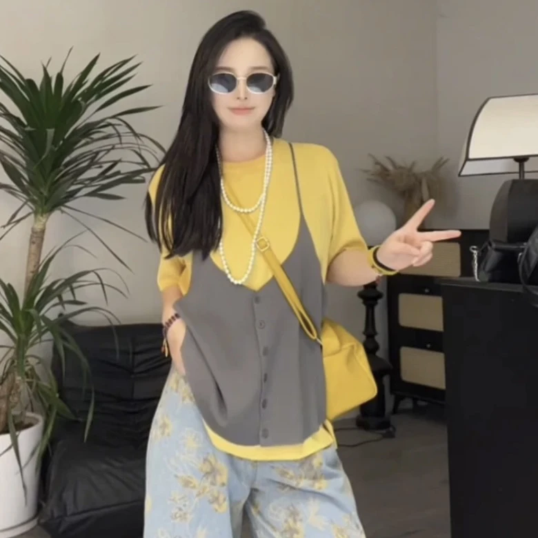 【兆杰商贸】多巴胺假两件显瘦圆领短袖T恤