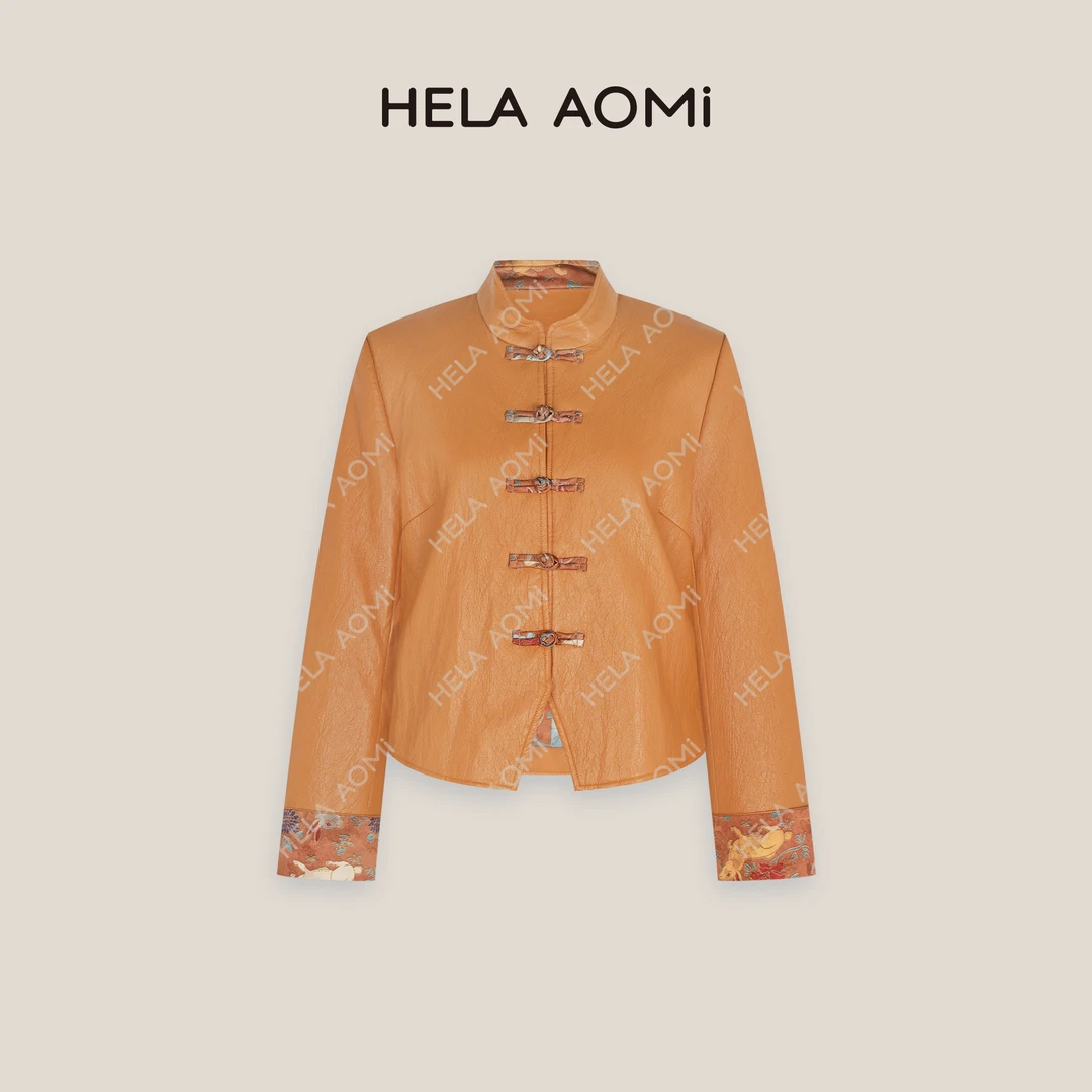 HELA AOMI“玉兔呈祥”立领盘扣拼色花纹袖口国风皮衣CY5CX09008