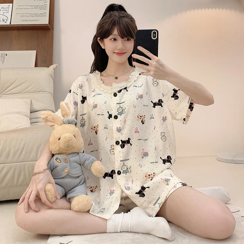 新款云朵棉短袖可爱睡衣女宽松舒适大码胖MM家居服套装