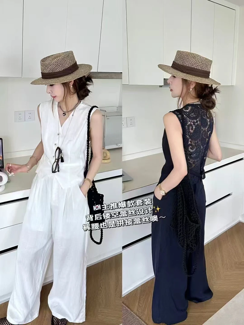 夏季新款老钱风麻料后背蕾丝无袖马甲搭配休闲阔腿裤套装显瘦气质