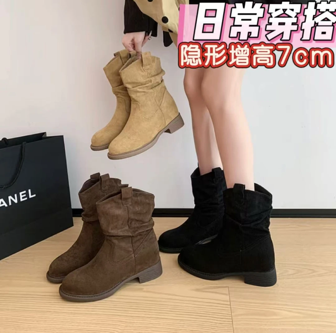 港风复古软皮软底防滑堆堆靴2025秋季新款时尚百搭增高中筒马丁靴