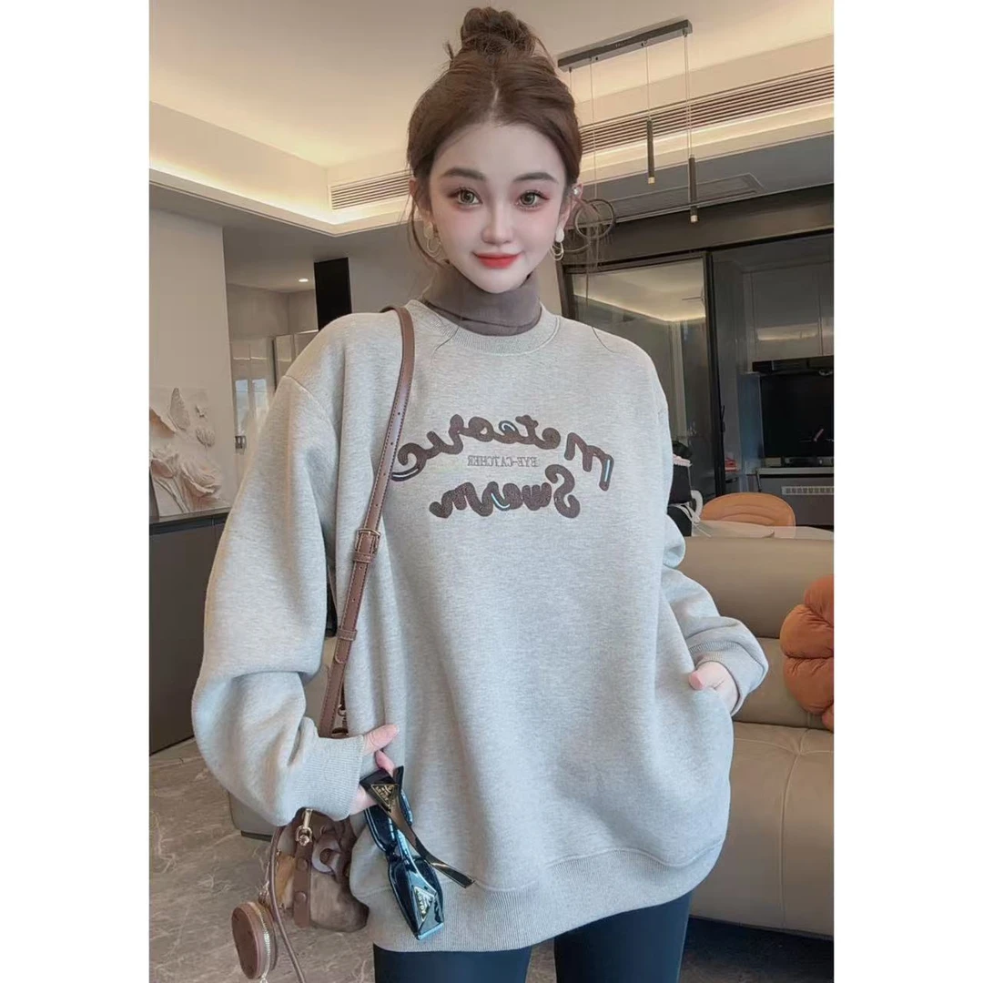 冬季半高领加绒假两件字母刺绣卫衣D-2195