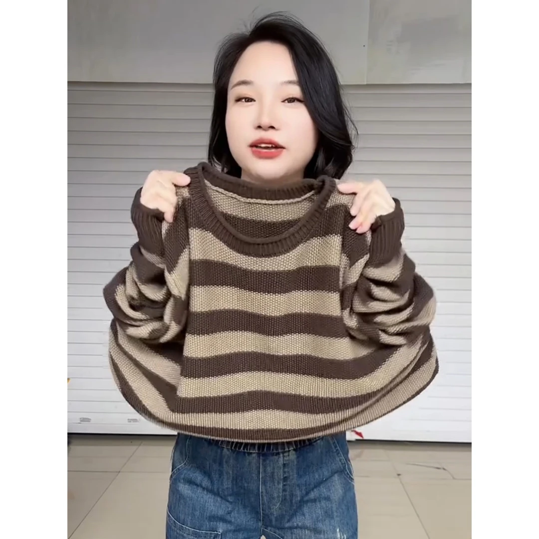 2025秋冬新款欧货宽条纹长袖针织衫女圆领时尚百搭减龄遮肚子毛衣