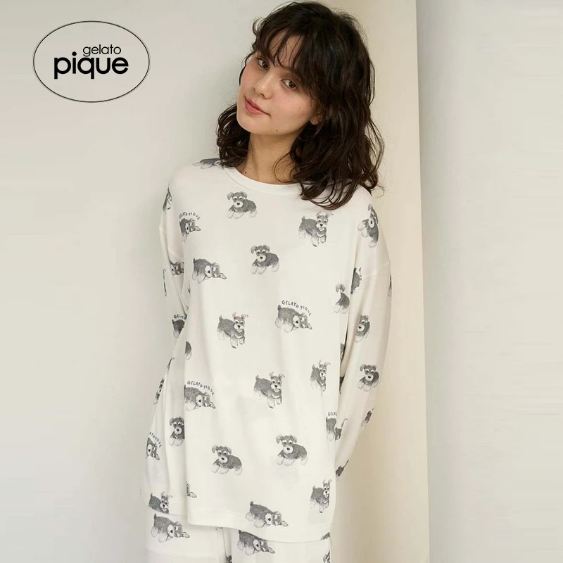 gelato pique25秋冬新品女睡衣小狗满印长袖T恤居家PWCT255276