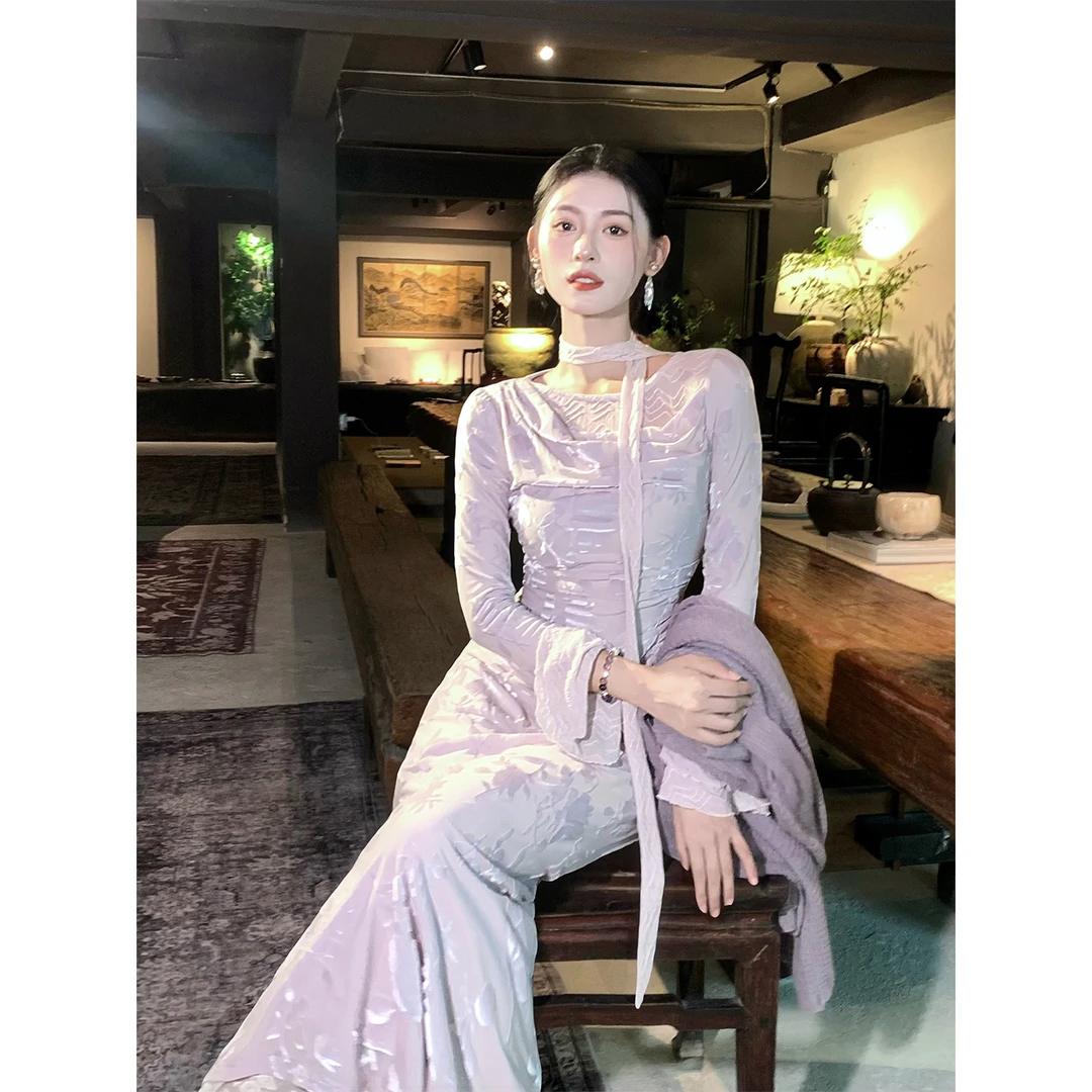 凌茜恣禾【雪绒】国风新中式紫色温婉优雅大气修身显瘦旗袍连衣裙