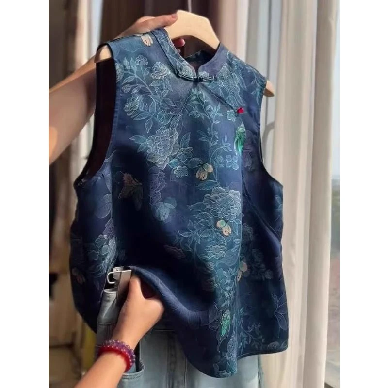 高级气质新中式轻奢国风2025旗袍领盘扣暗纹无袖上衣T恤上衣