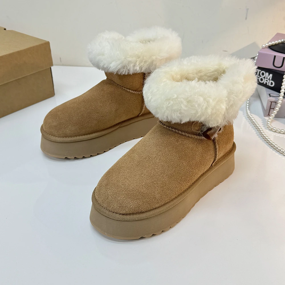 加绒百搭牛角扣厚底雪地靴女冬季短筒短靴22296