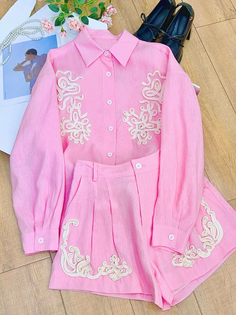 琳心丨春夏新款气质立体绣花长袖衬衫短裤套装 4883