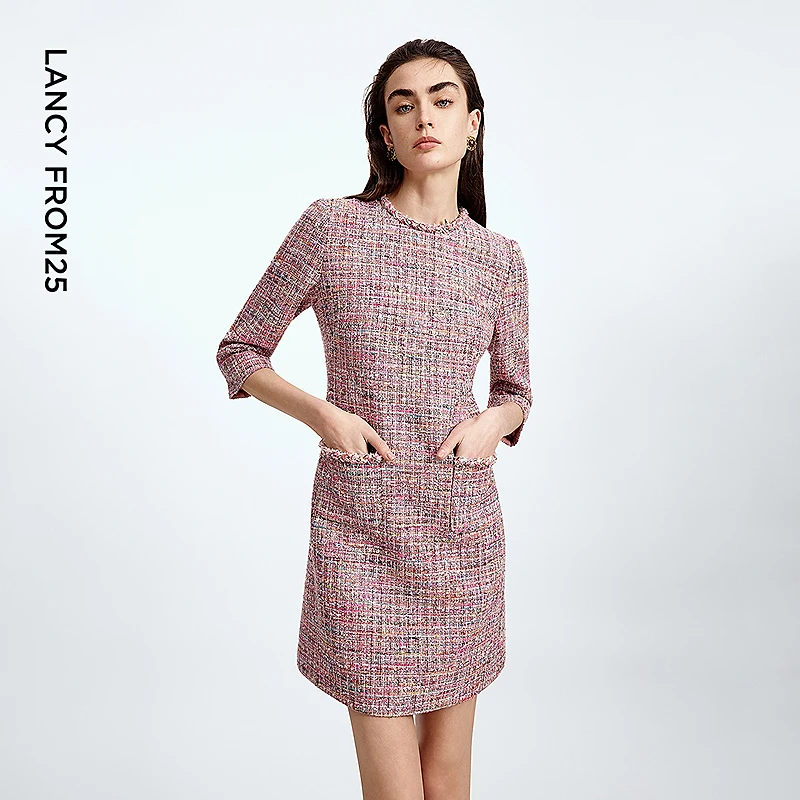 达人朗姿经典圆领小香风连衣裙高级感编织粗花呢裙子2025年秋季新