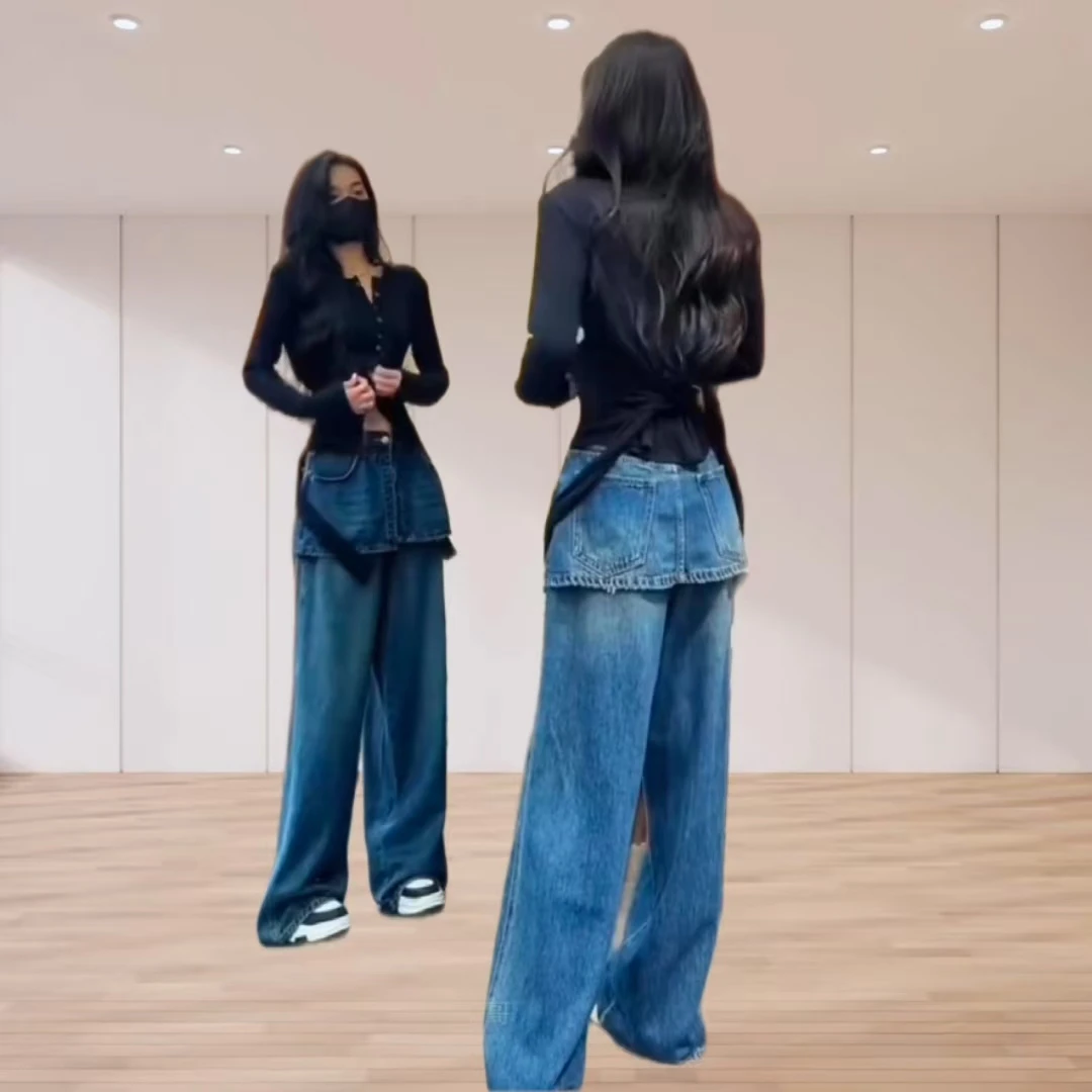 时髦宽松女士牛仔阔腿裤套装春秋新款高腰直筒休闲百搭拖地裤小衫